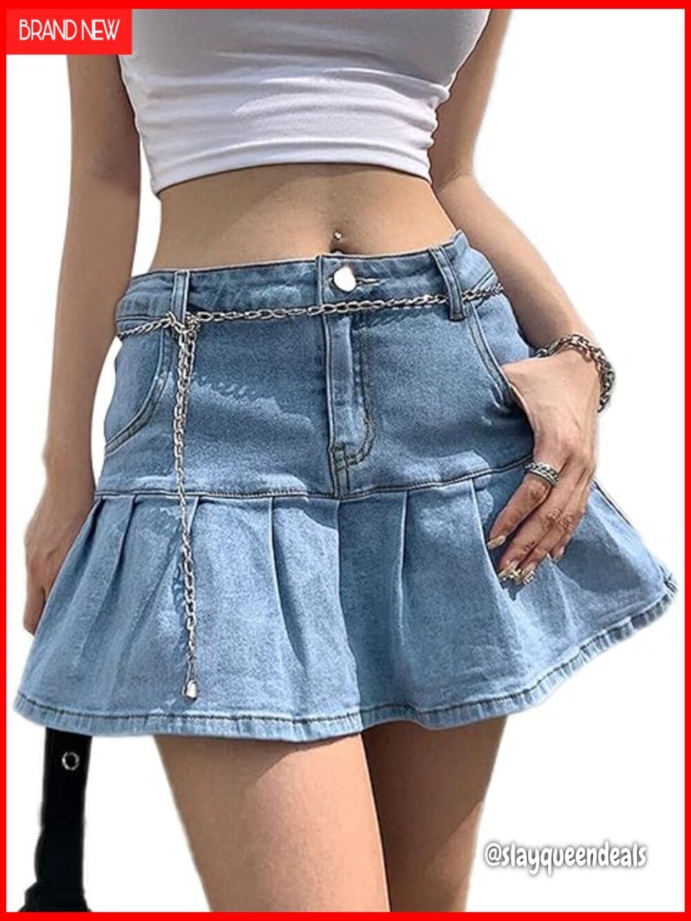 Pleated Denim Mini Skirt High Waist A-Line Slim Fit with Pockets